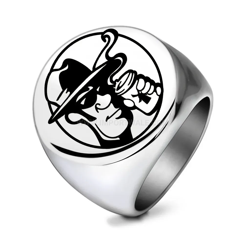 Elegant Laser Engraved Cartoon Stainless Steel Vintage Round Signet Ring