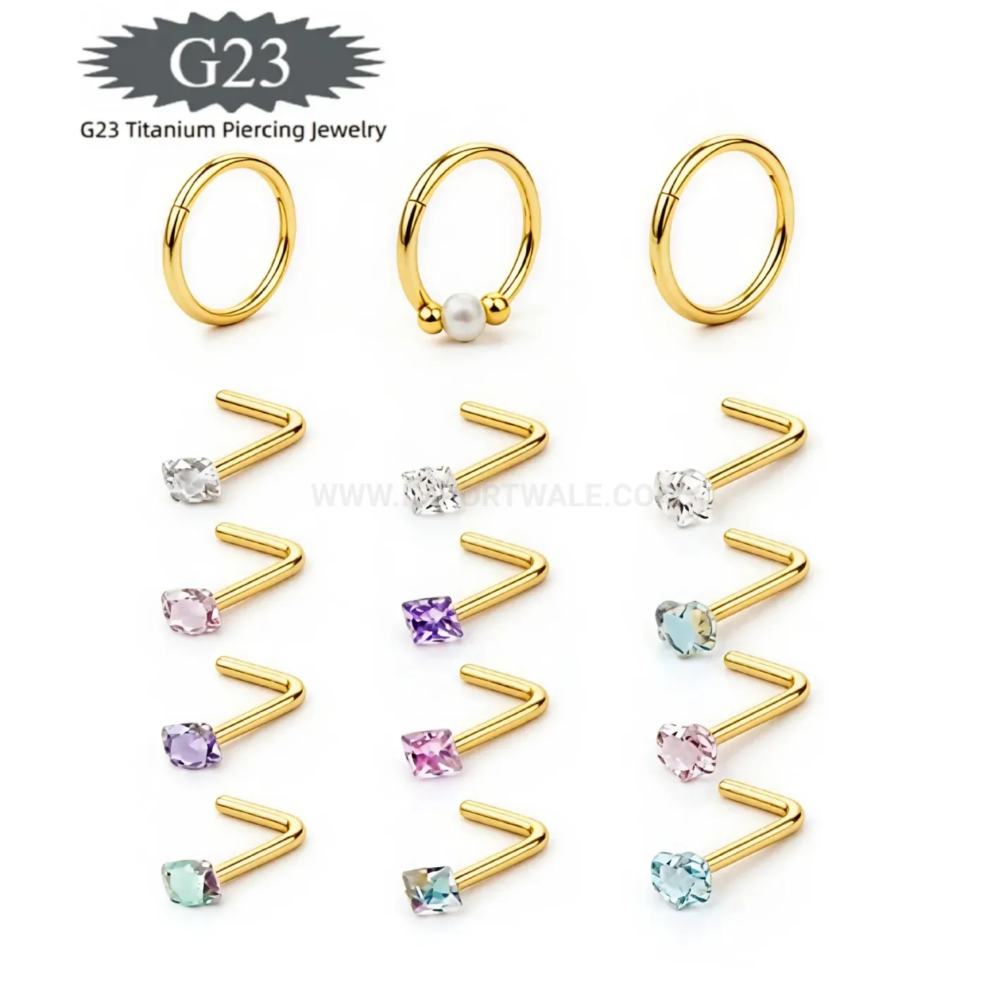 Stylish Multicolor Cubic Zirconia G23 Titanium L-Shaped Nose Stud Piercing Set
