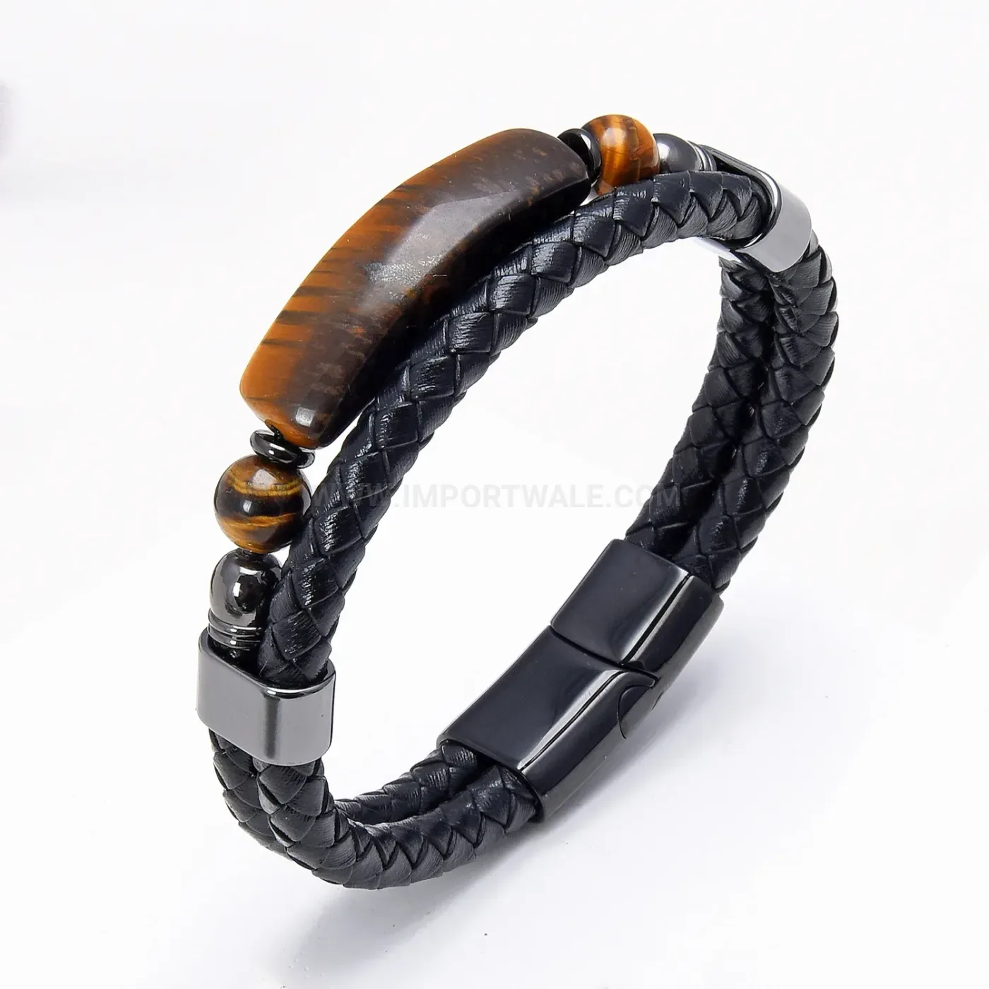 Double Layer Handmade Woven Leather Bracelet with Stainless Steel Clasp
