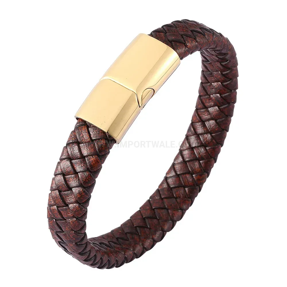 Vintage Woven Leather Stainless Steel Magnetic Clasp Bracelet