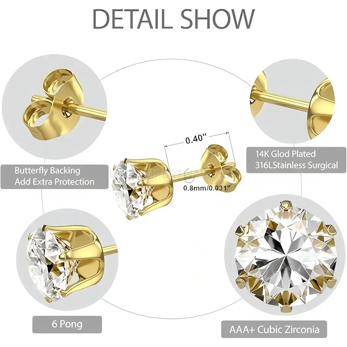 Modern Round Cubic Zirconia Plated Stainless Steel Piercing Stud Set