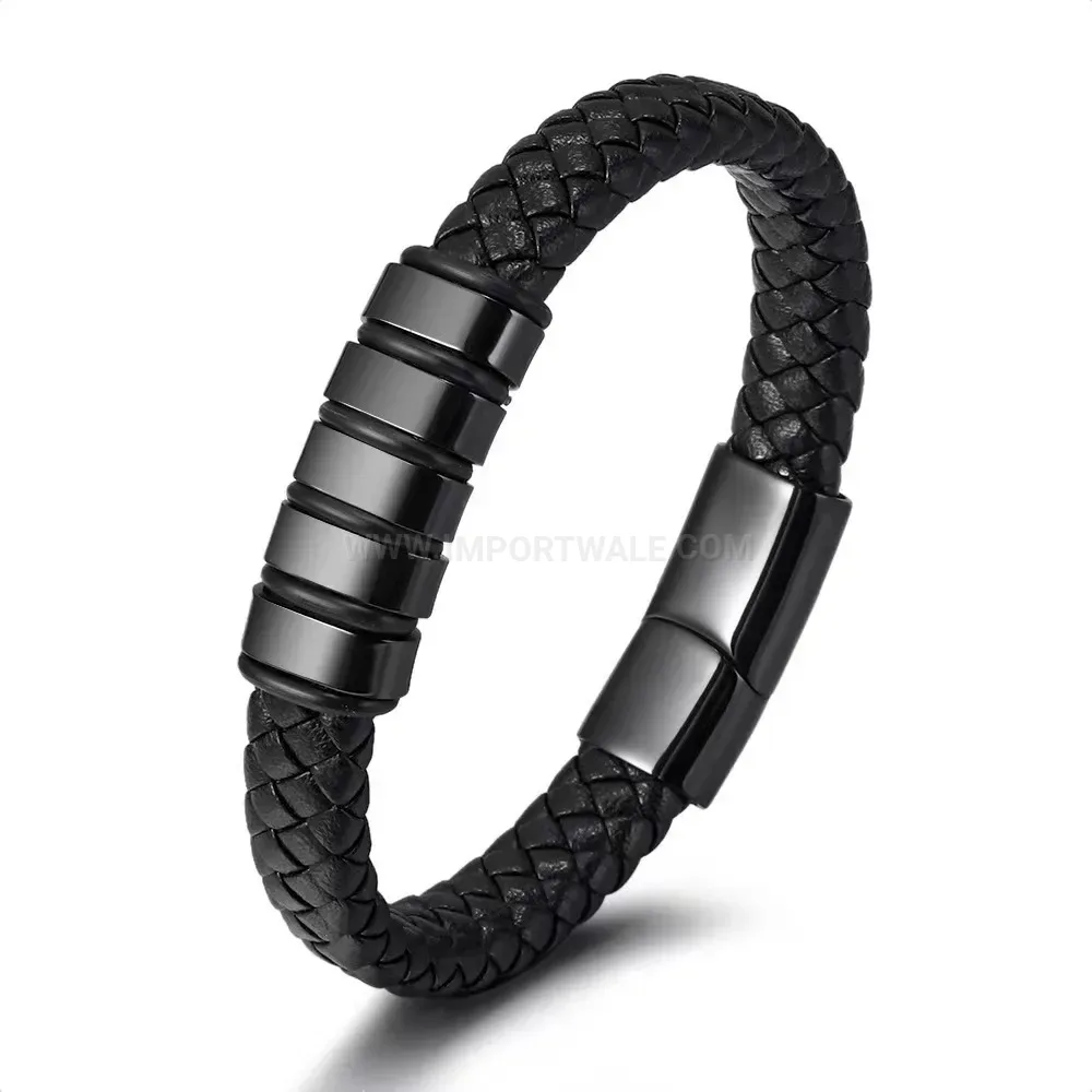 Classic Woven Leather Wristband Bracelet With Metal Accent