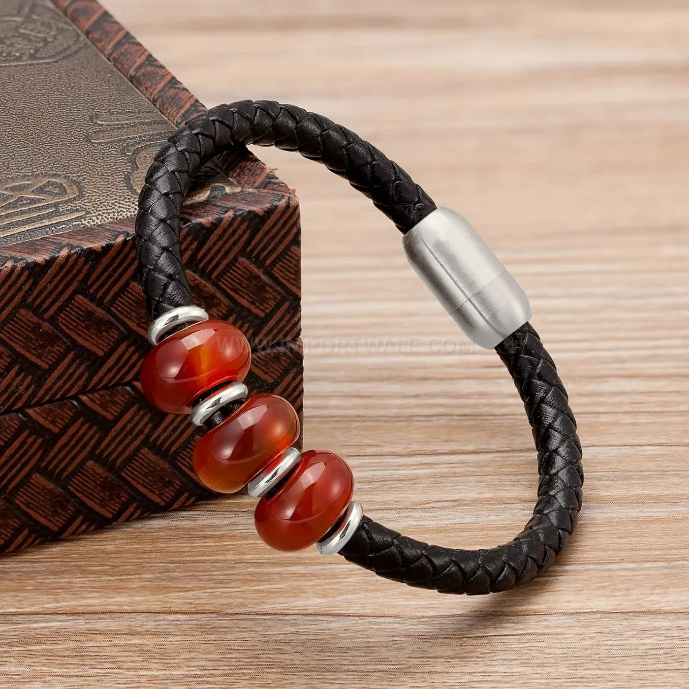 Braided Leather and Stone Cuff Bracelet with Stainless Steel Clasp