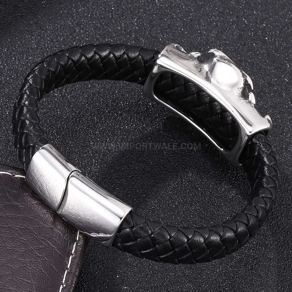 Classic Stainless Steel Owl Charm Black Leather Magnetic Bracelet