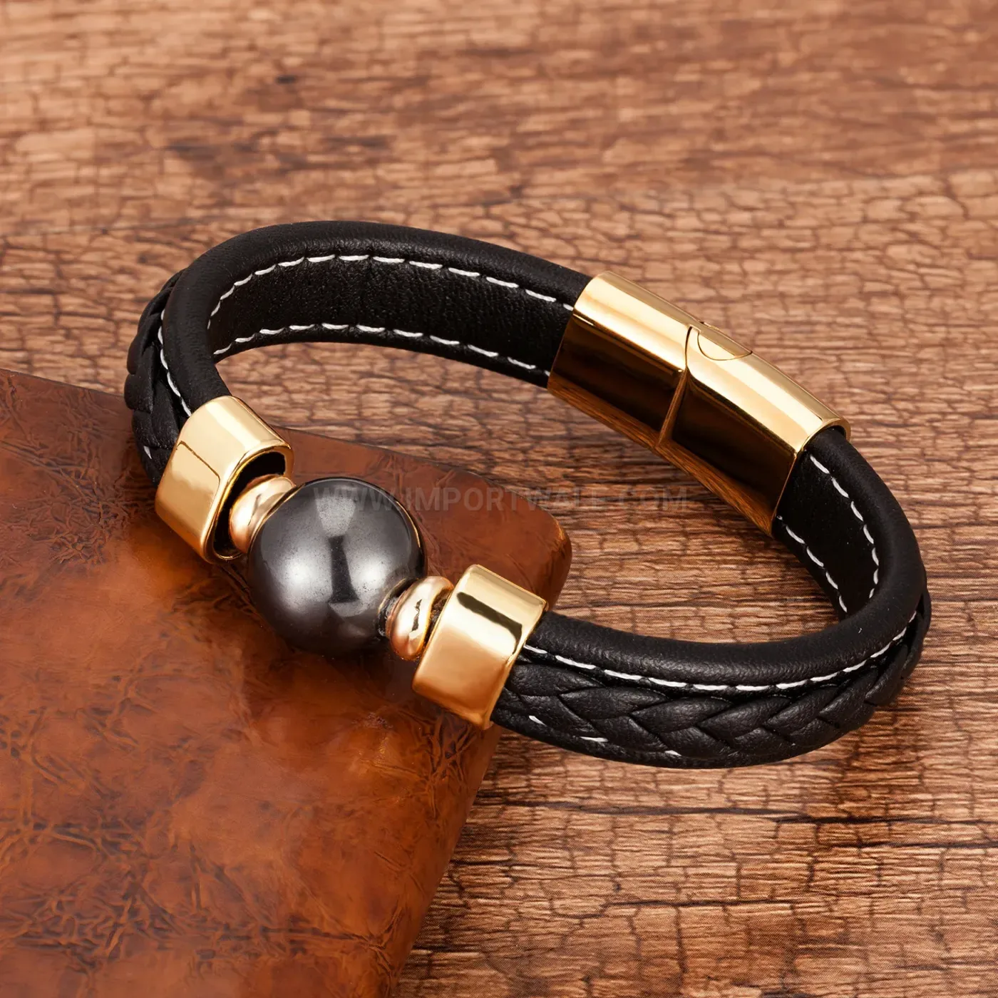 Retro Leather Cord and Natural Stone Bracelet With Stainless Steel Clasp