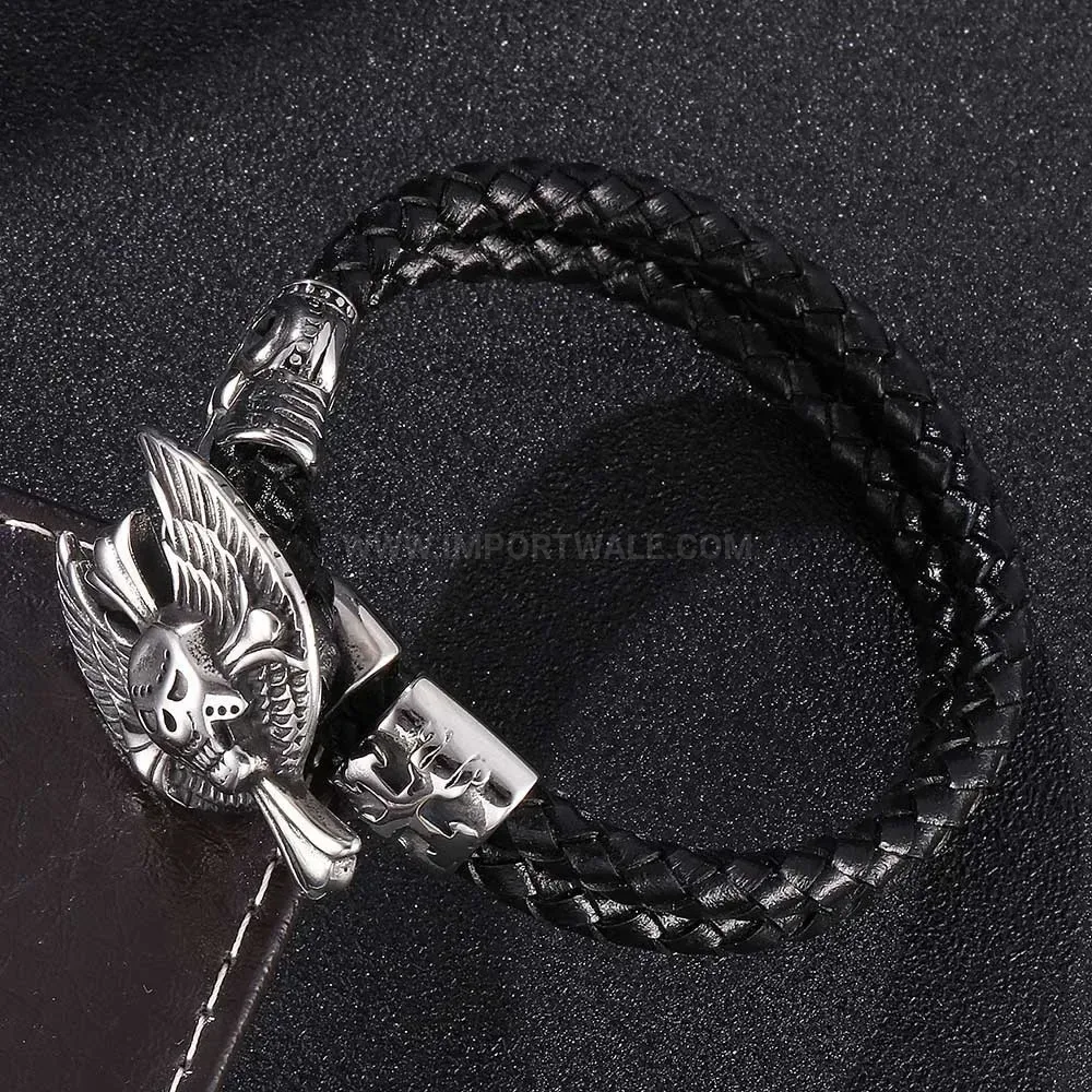 Punk Skull Braided Leather Stainless Steel Band