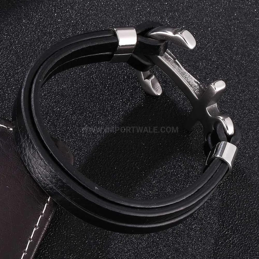Bold Braided Leather Wristband with Vintage Stainless Steel Hook Charm