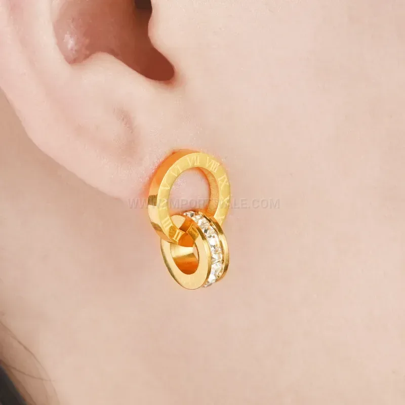 Rhinestone Double Ring Roman Titanium Steel Stud Earrings