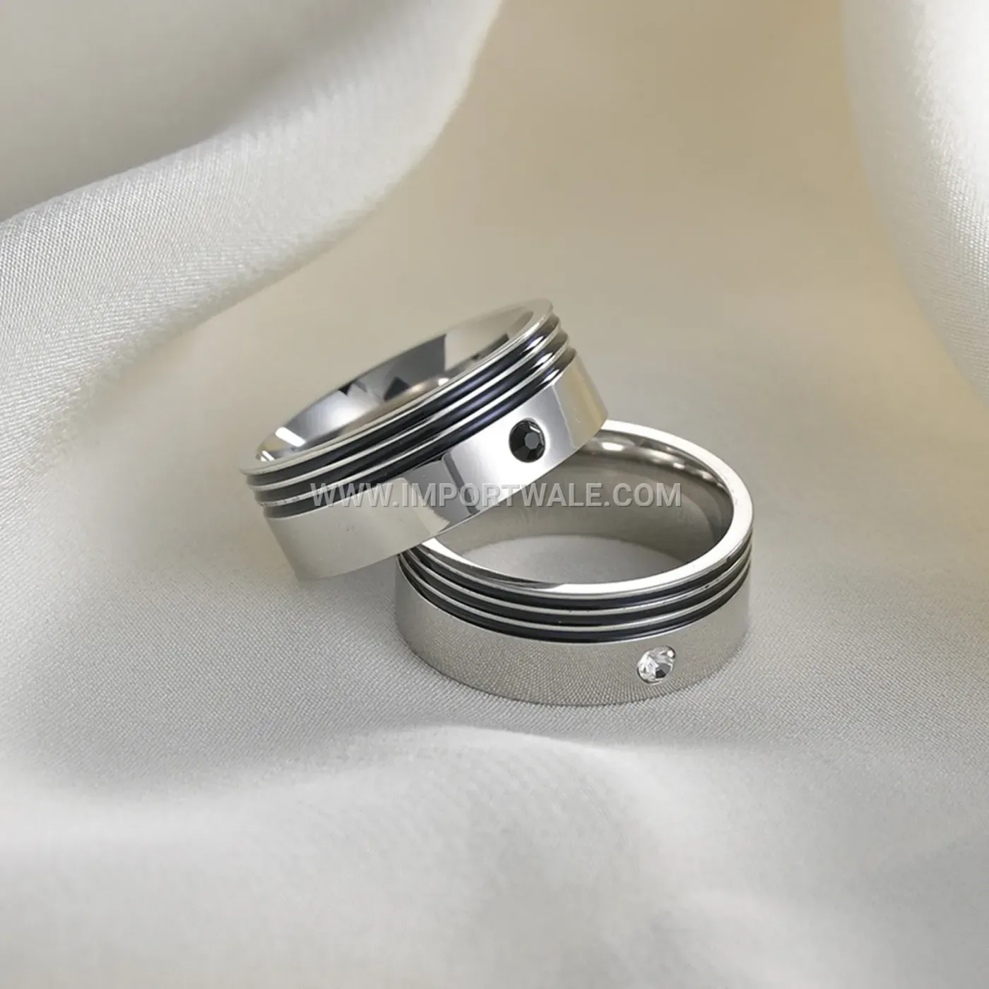 Grooved Stainless Steel Band Ring Inlaid with Cubic Zirconia