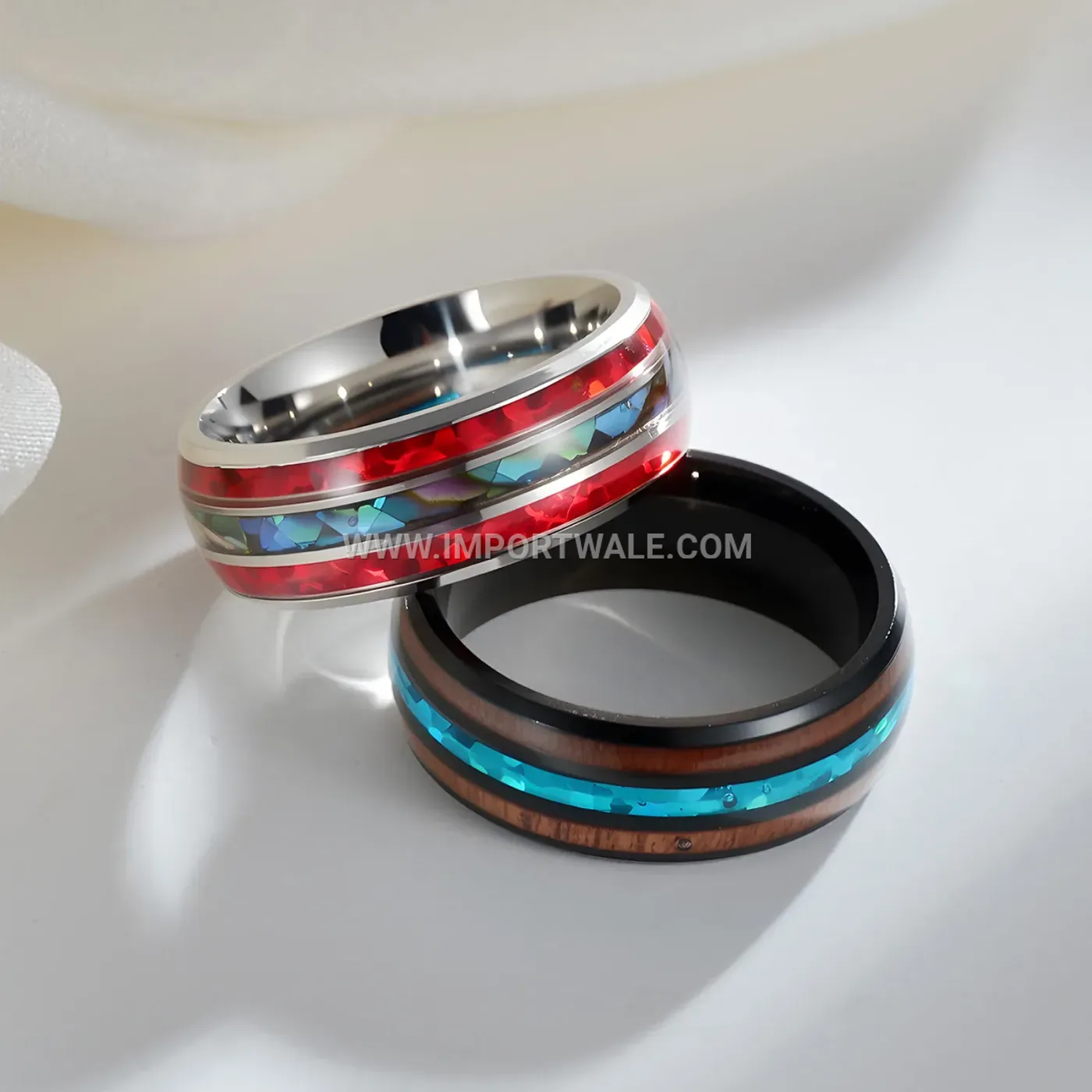 Stainless Steel Band Ring with Inlaid Wood and Opal