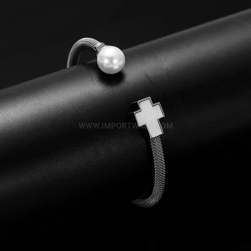 Elegant Stainless Steel Cable Bangle Bracelet with Pearl and Cross Details