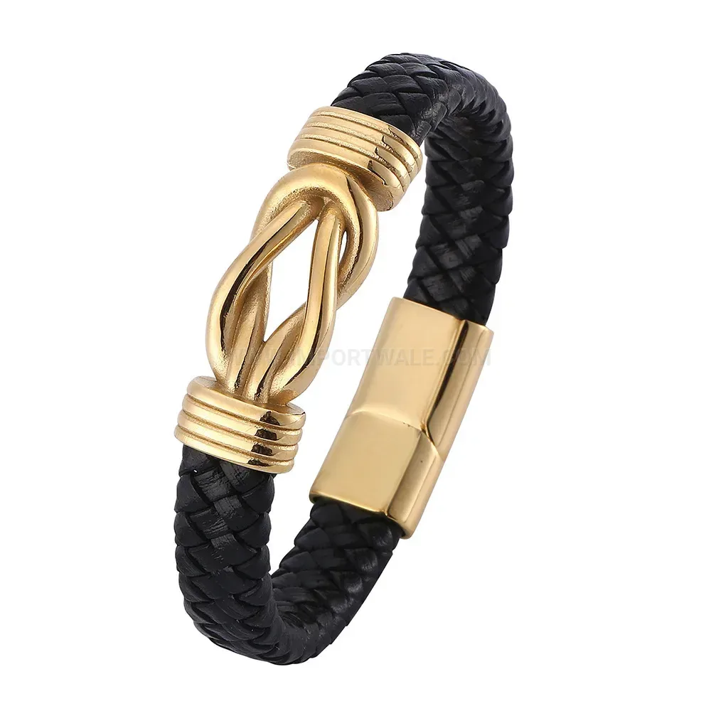 Double-Ring Interlocking Leather Bracelet with Gold-Plated Magnetic Clasp