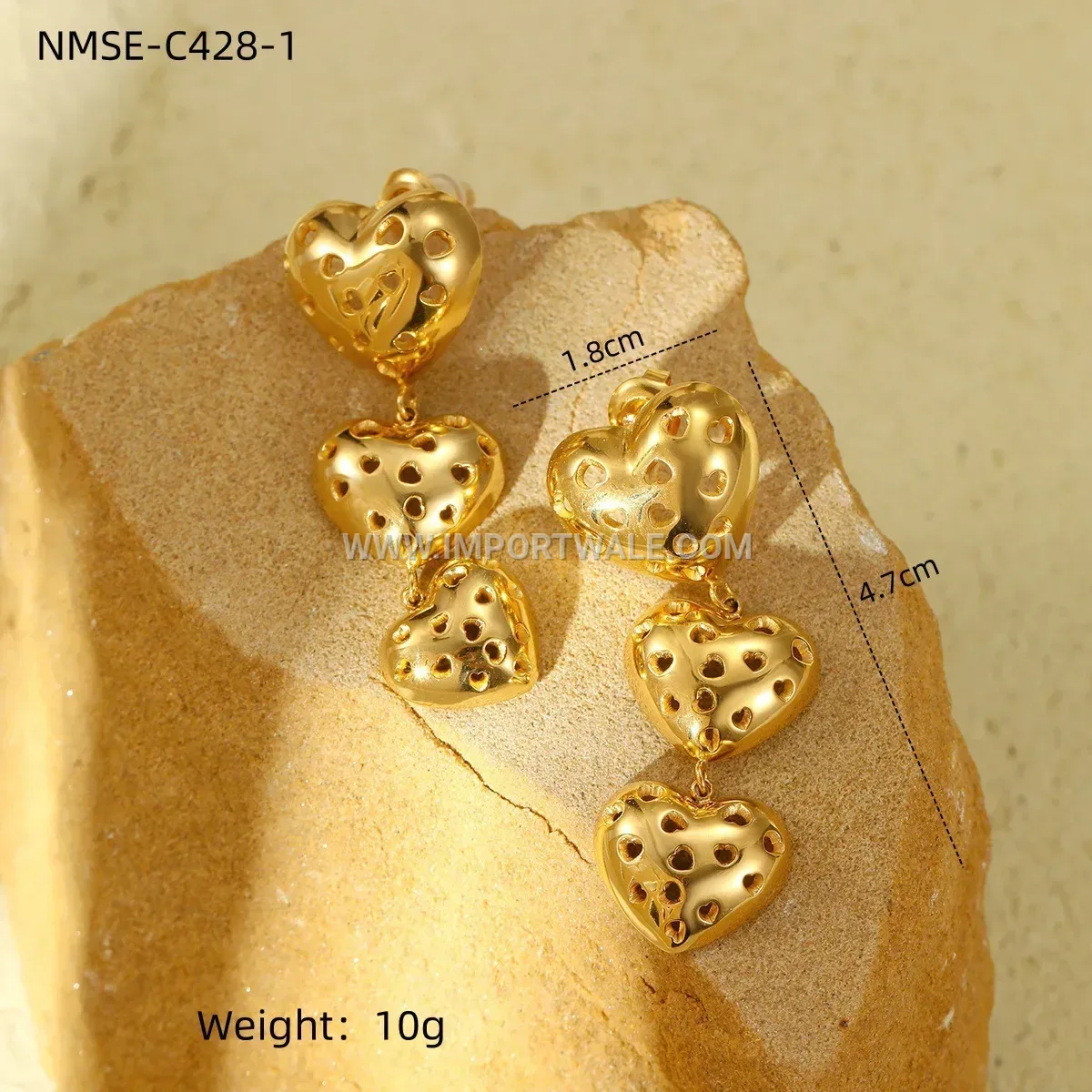 Eighteen Karat Gold Plated Heart Pendant Stud Earrings