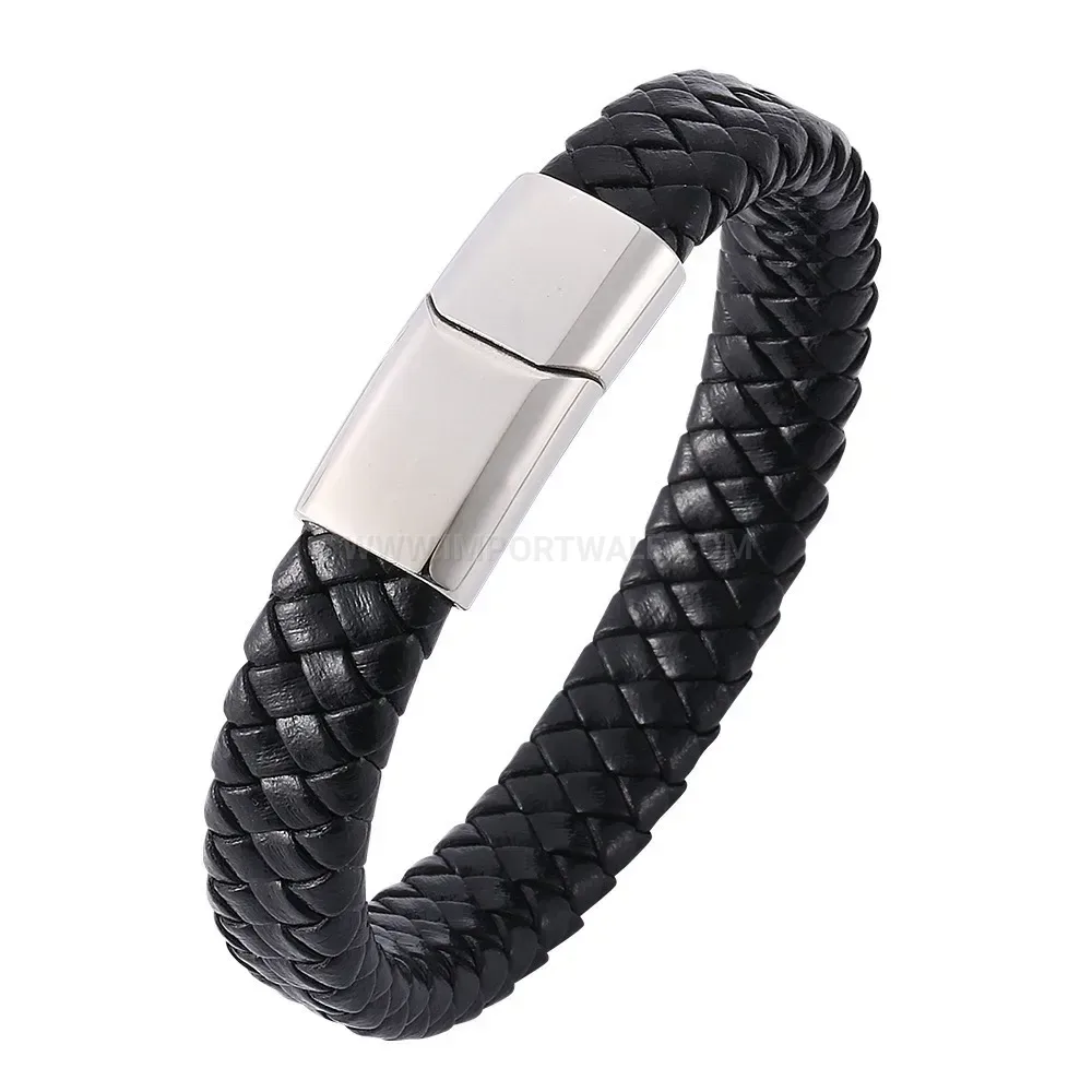Braided Leather Stainless Steel Magnetic Clasp Bracelet