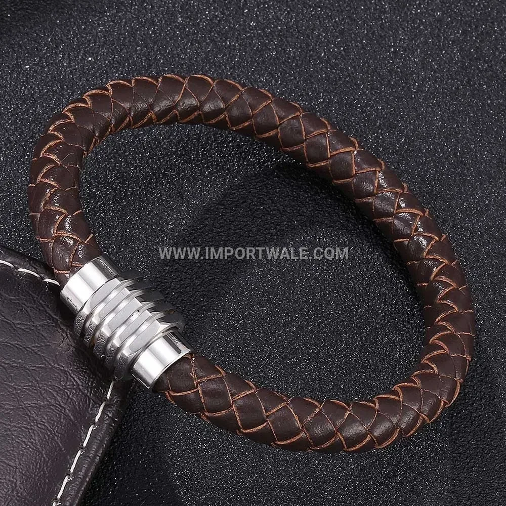 Men's Vintage Genuine Leather Stainless Steel Magnetic Clasp Wristband