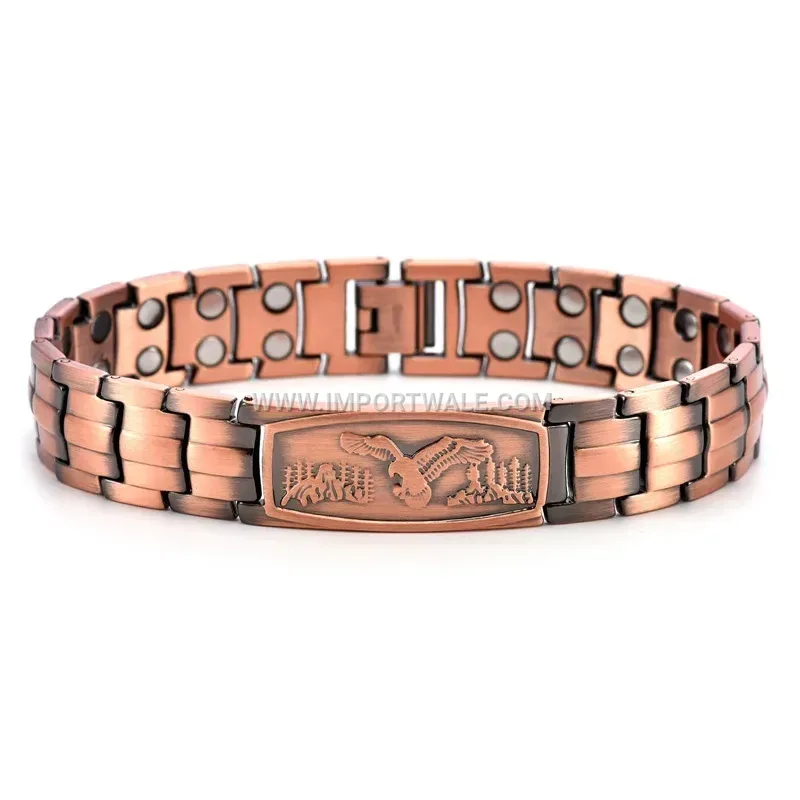 Men Vintage Double-Row Eagle Motif Magnetic Red Copper Bracelet