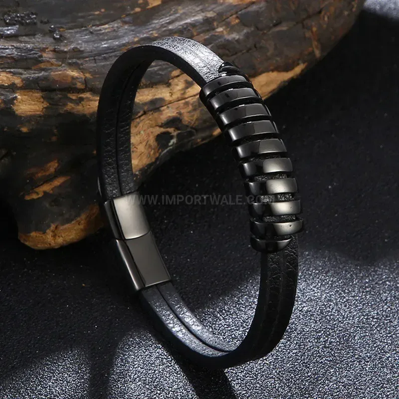 Minimalist Black Leather Bracelet with Stainless Steel Magnetic Clasp