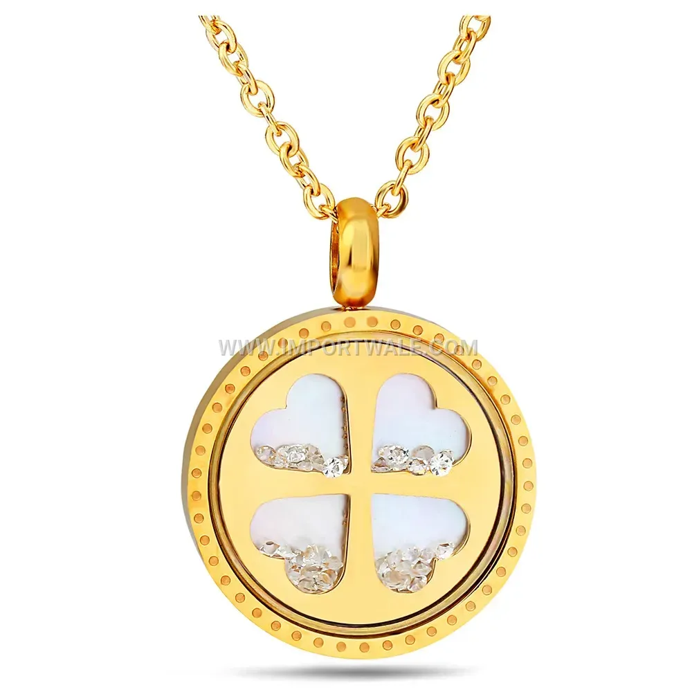 Gold Stainless Steel Cutout Clover Pendant Necklace with Crystal Accent