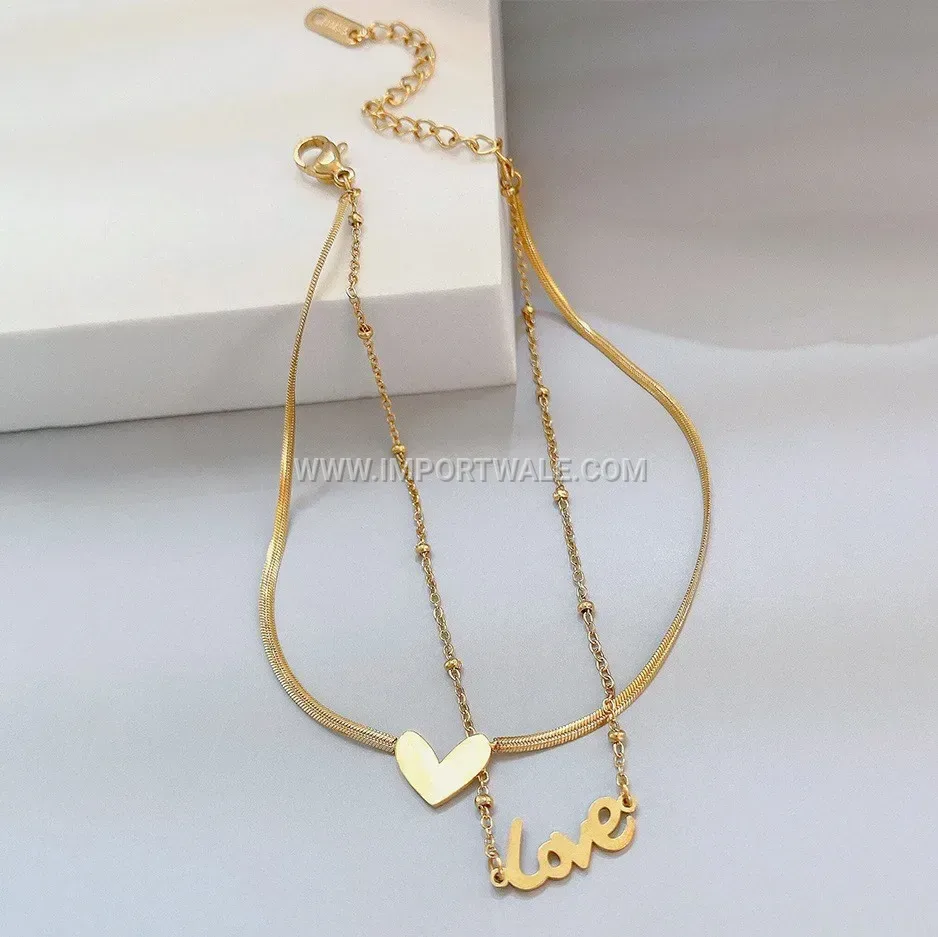 Layered Heart Letter Charm Stainless Steel Anklet