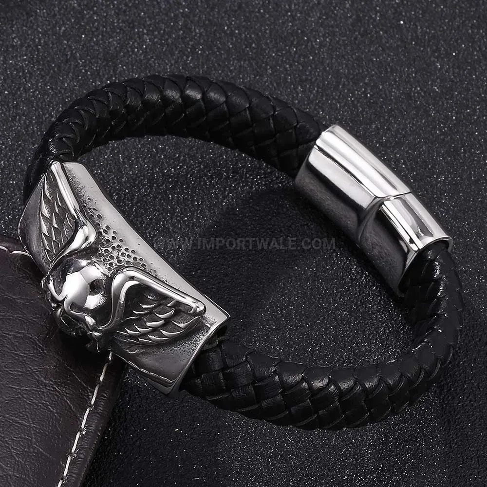 Chic Punk Skull Angel Wings Leather Stainless Steel Wristband