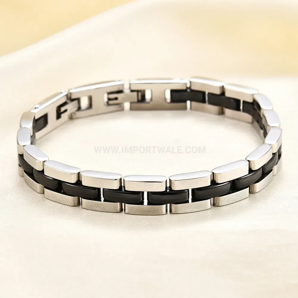 Stainless Steel and Ceramic Black White Geometric Link Chain Bracelet