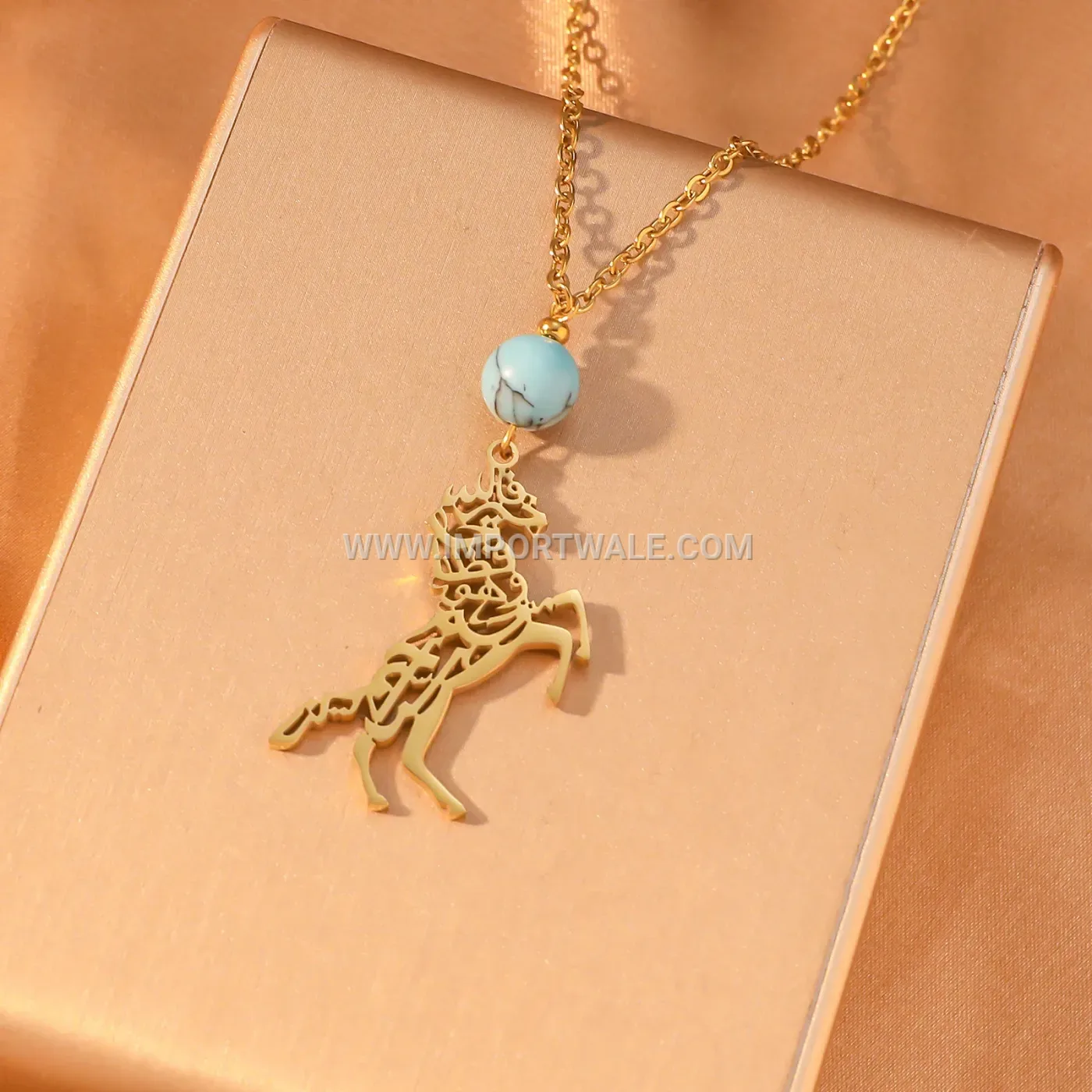 Stainless Steel Hollow Arabic Script Horse Pendant Islamic Necklace