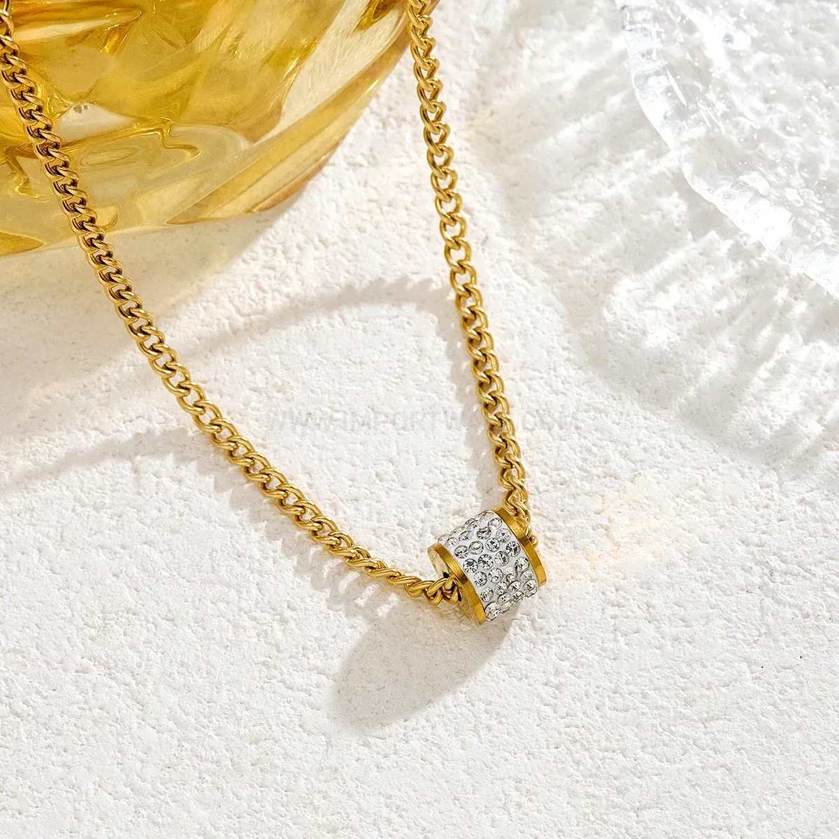 Gold Zircon Cylinder Stainless Steel Clavicle Pendant Necklace
