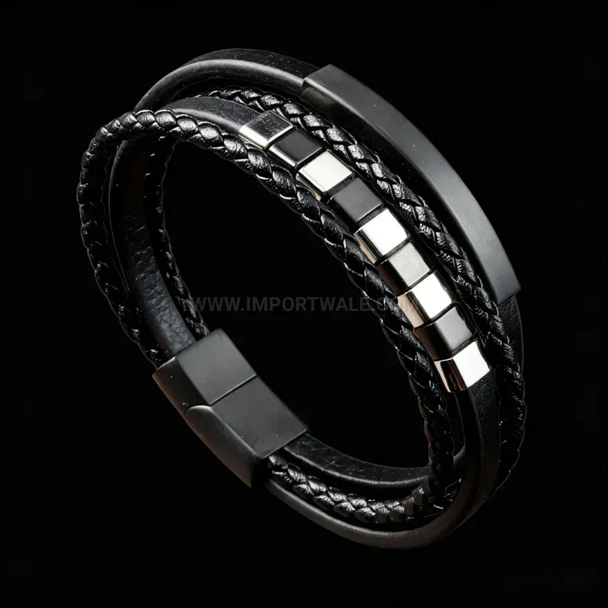 Modern Double Layer Black Braided Leather Bracelet with Black Clasp