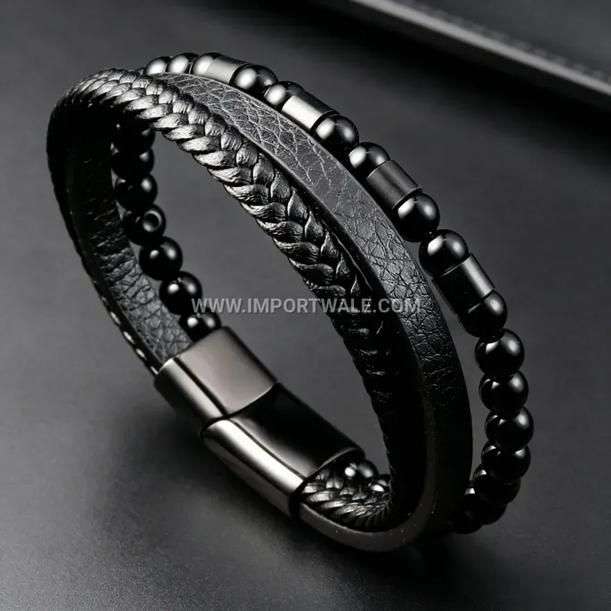 Dual Strand Braided Leather Wrap Bracelet for Men