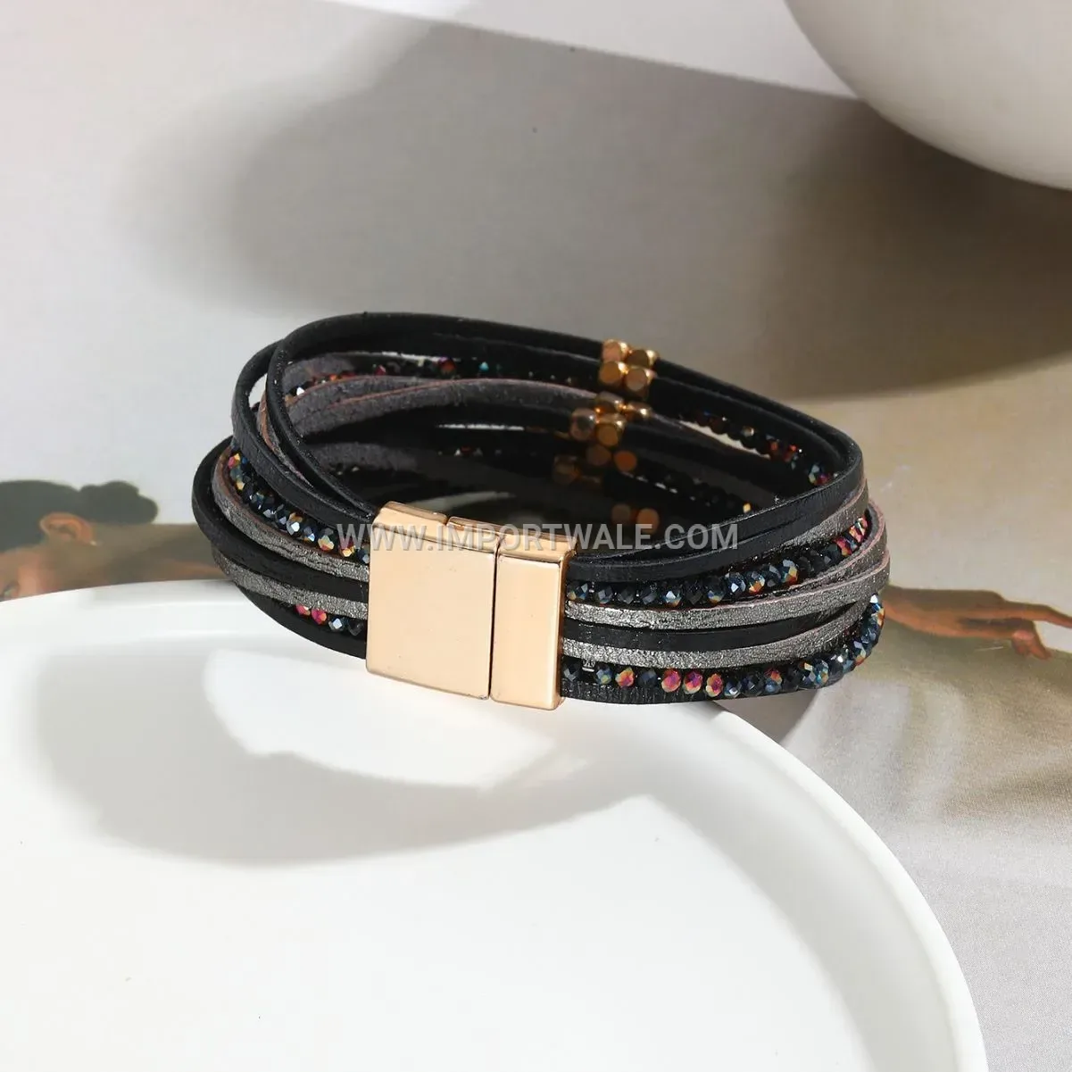 Vintage Geometric Faux Leather Slim Strand Bracelet with Metal Beads