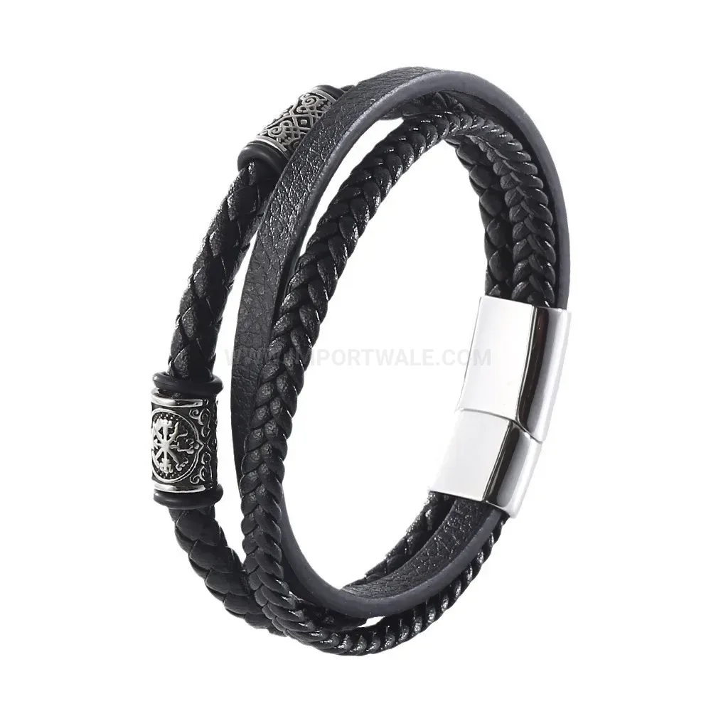 Multi Layer Braided Leather Stainless Steel Magnetic Clasp Bracelet