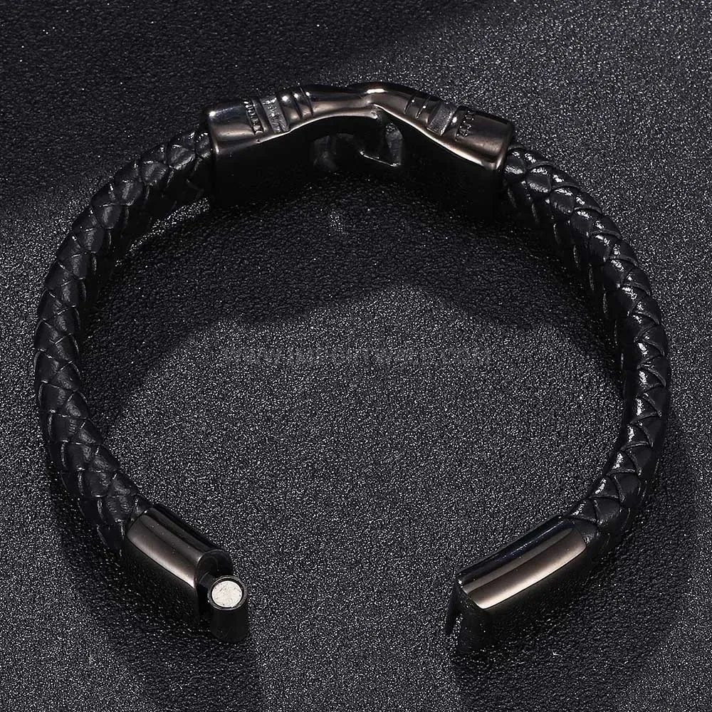 Handcrafted Black Braided Leather Bracelet With Black Stainless Steel