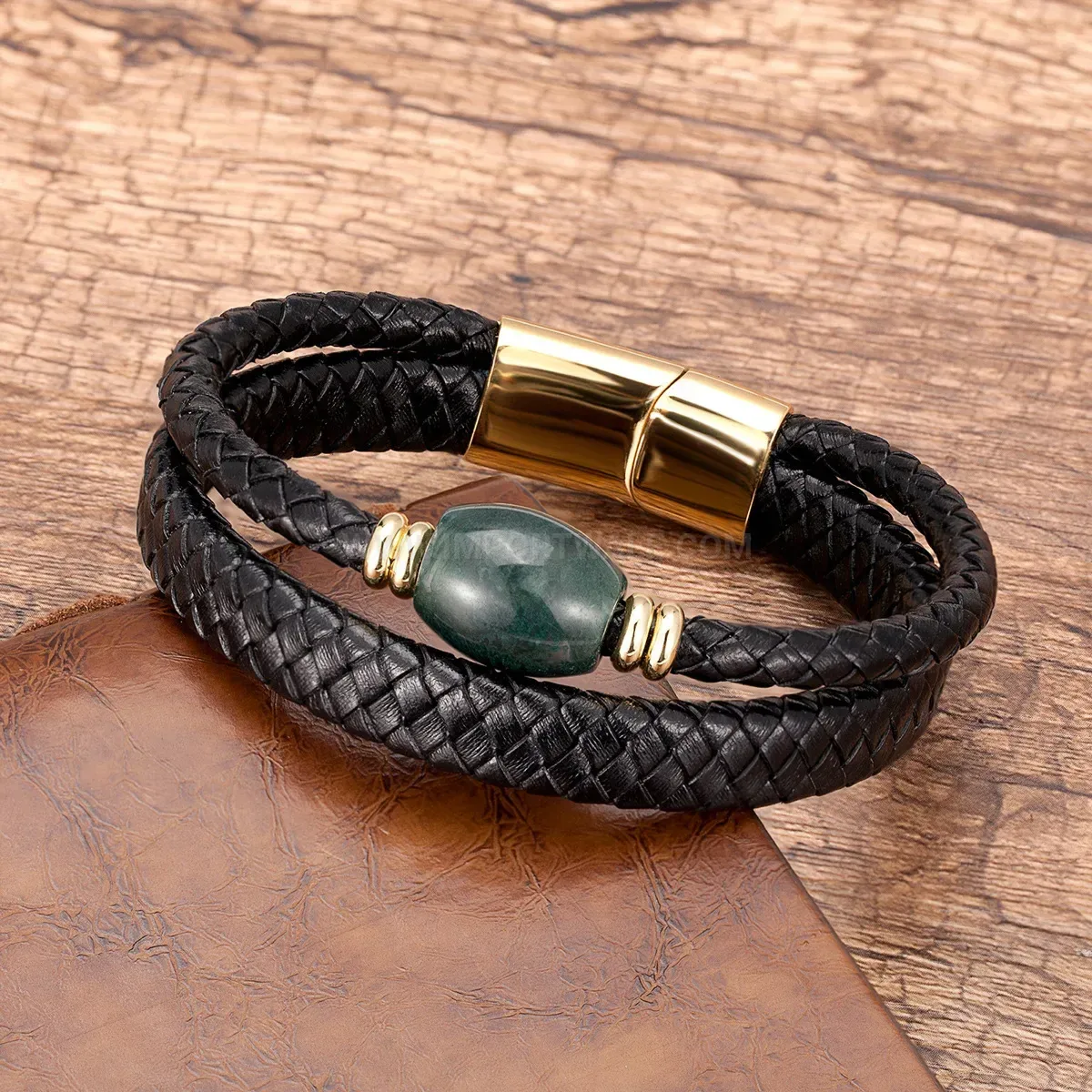 Handcrafted Braided Leather Stone Bracelet with Stainless Steel Clasp