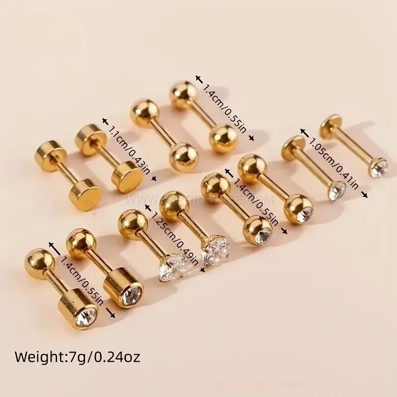 Stylish Minimalist Stainless Steel Rhinestone Bar Piercing Ear Stud Set