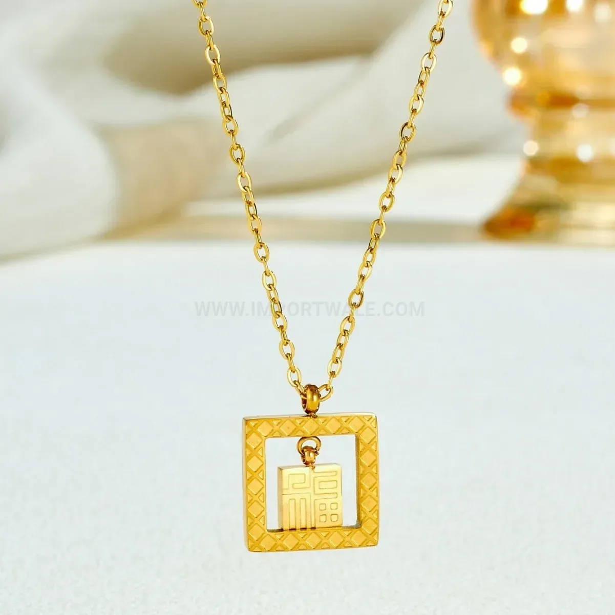 Hollow Square Fu Character Stainless Steel Pendant Necklace