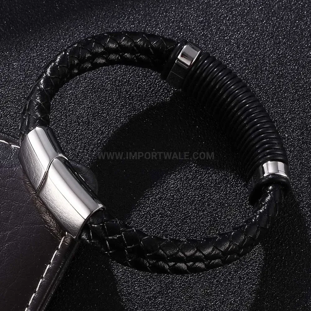 Dual Strand Braided Leather Bracelet with Stainless Steel Magnetic Lock