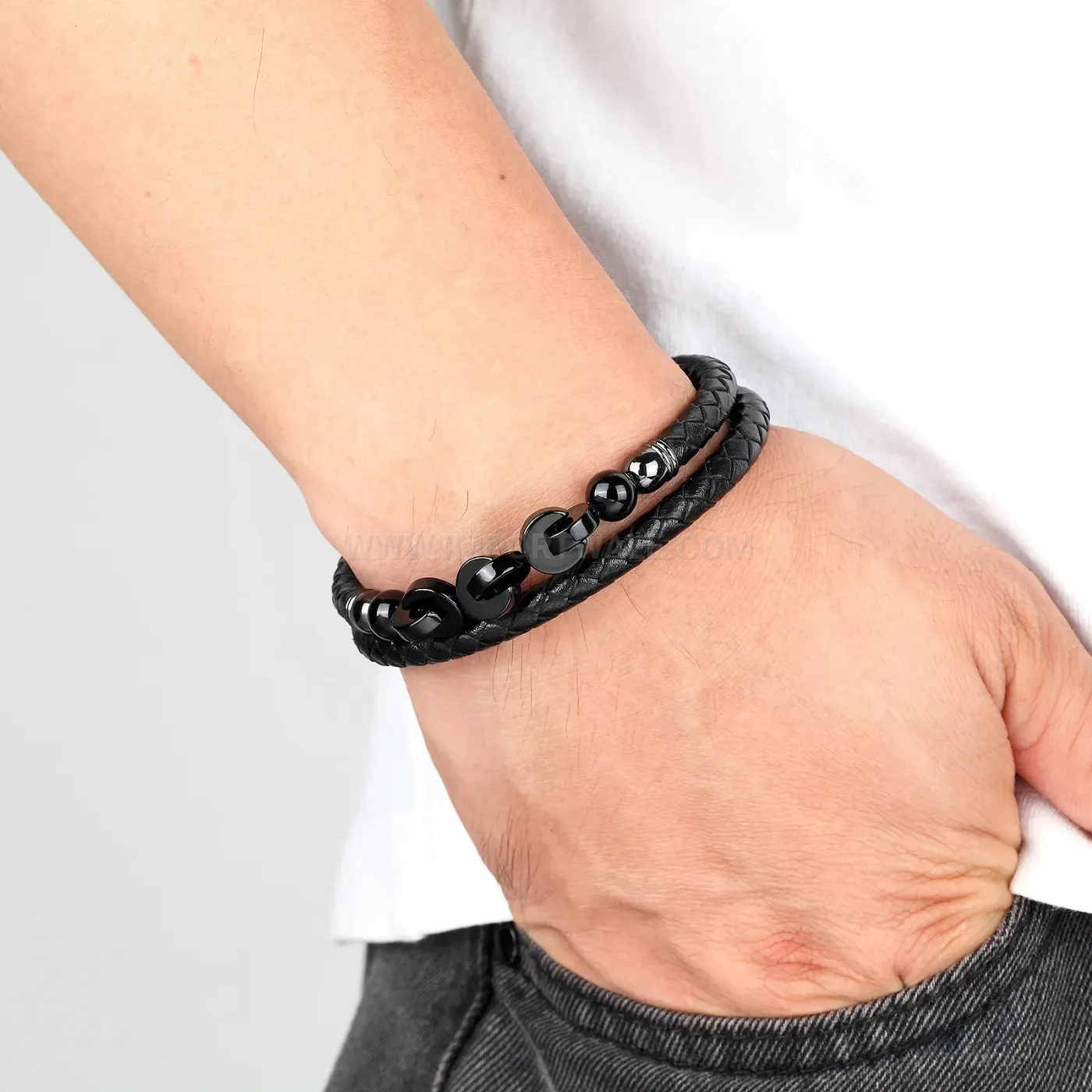 Double Layer Woven Leather Natural Stone Stainless Steel Magnetic Bracelet