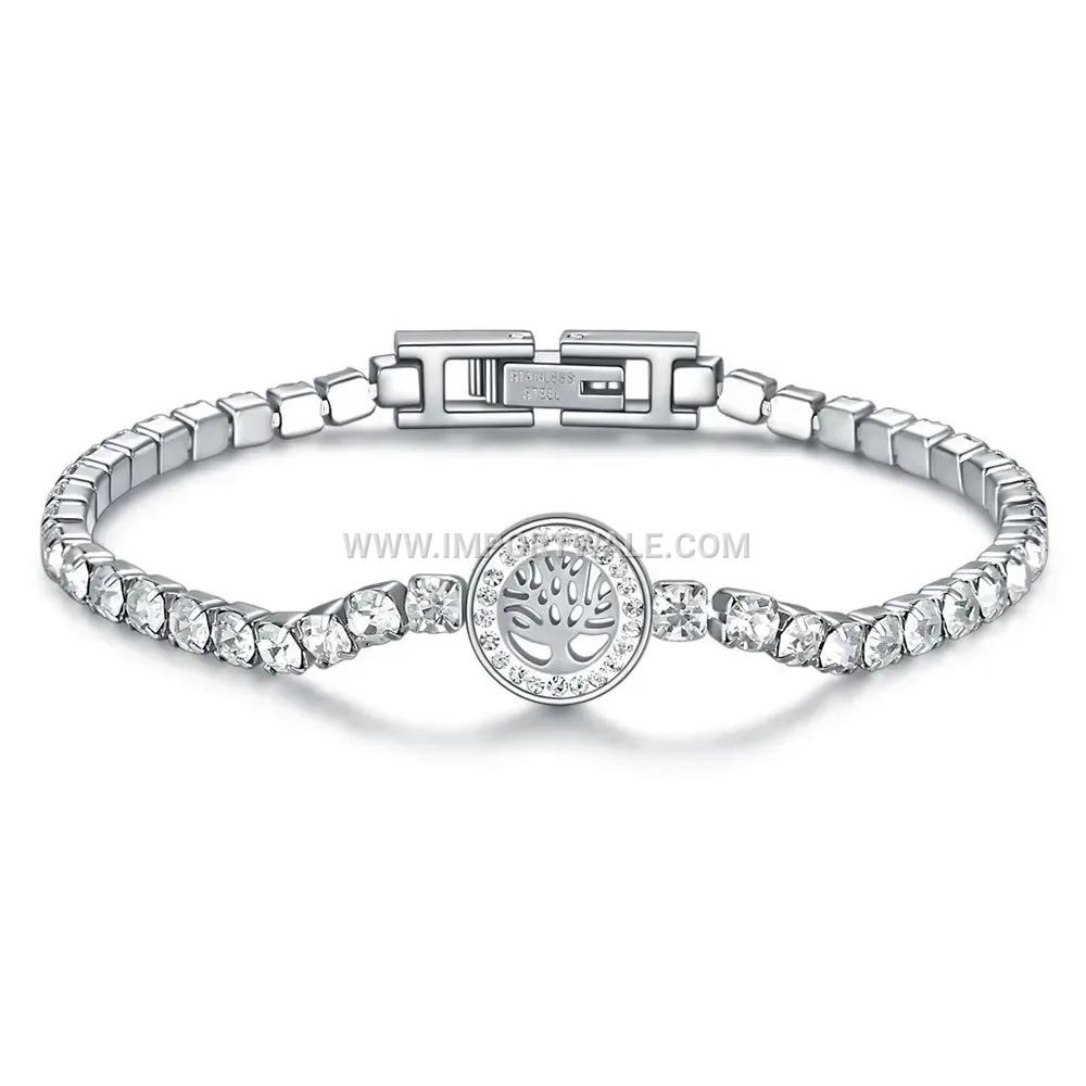 Stainless Steel Tree of Life Charm Bracelet with Zirconia Accent