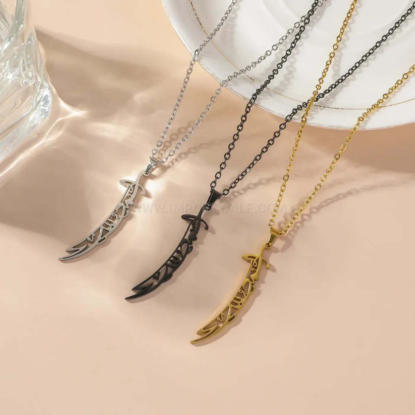 Elegant Stainless Steel Gold Plated Scimitar Sword Amulet Necklace