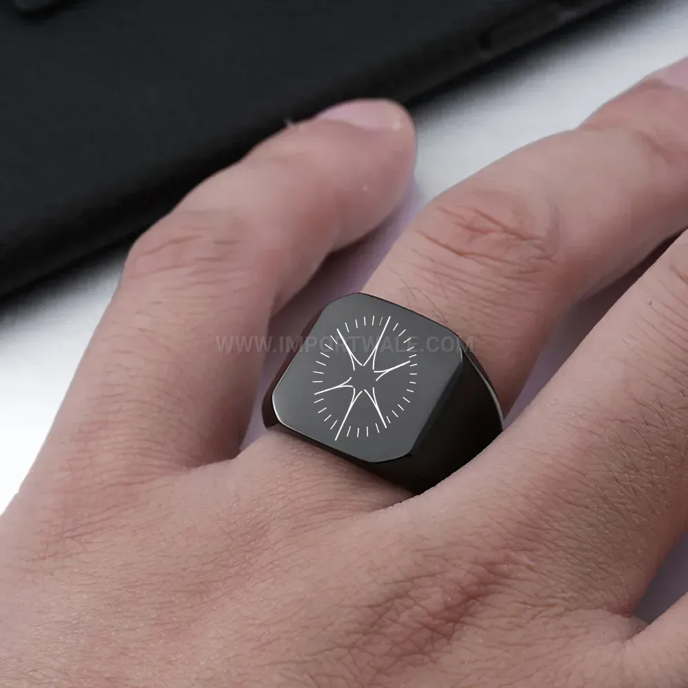 Fashion Laser Engraved Star Compass Square Stainless Steel Ring