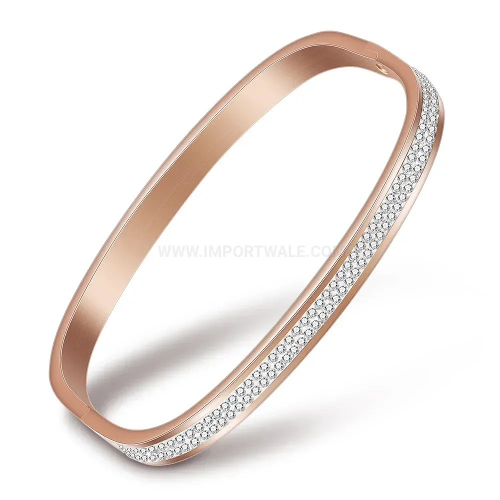 Trendy Double Row Rhinestone Open Cuff Stainless Steel Bangle
