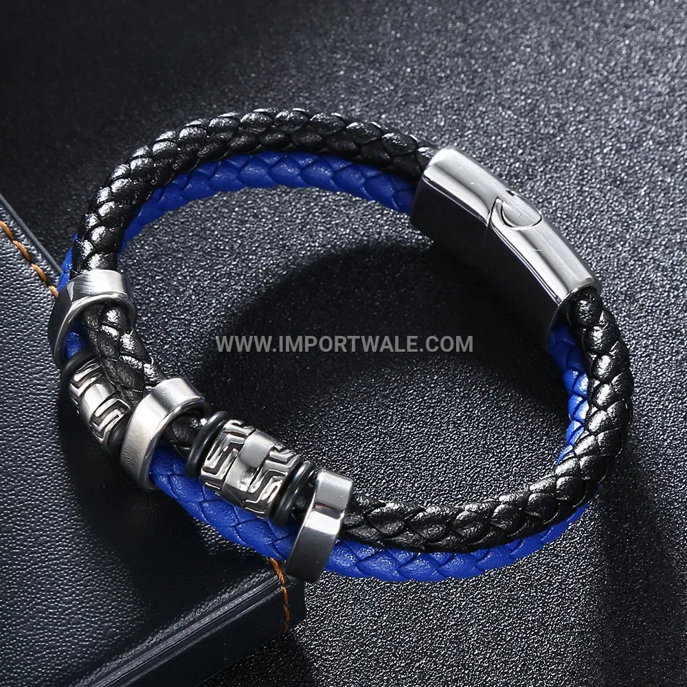 Two-Tone Woven Leather Bracelet with Stainless Steel Magnetic Clasp