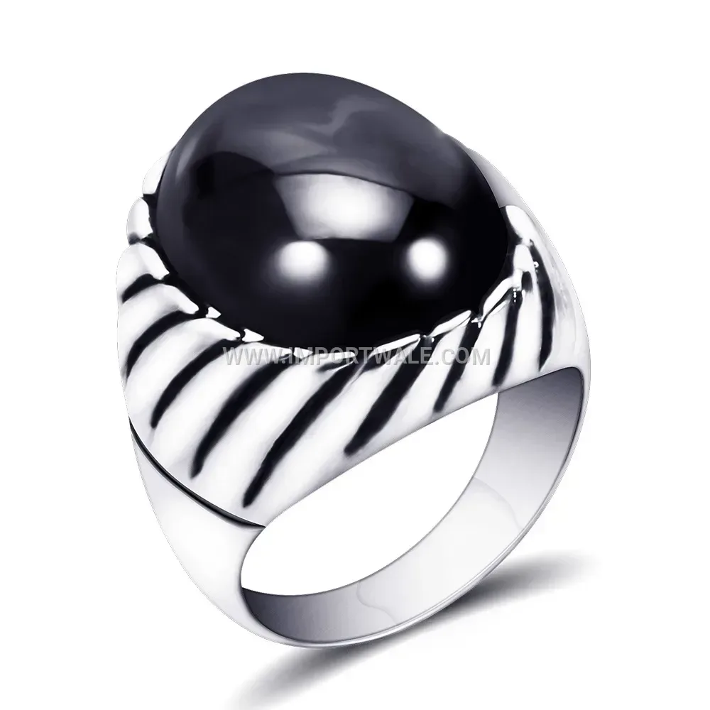 Retro Striped Stainless Steel Gemstone Ring