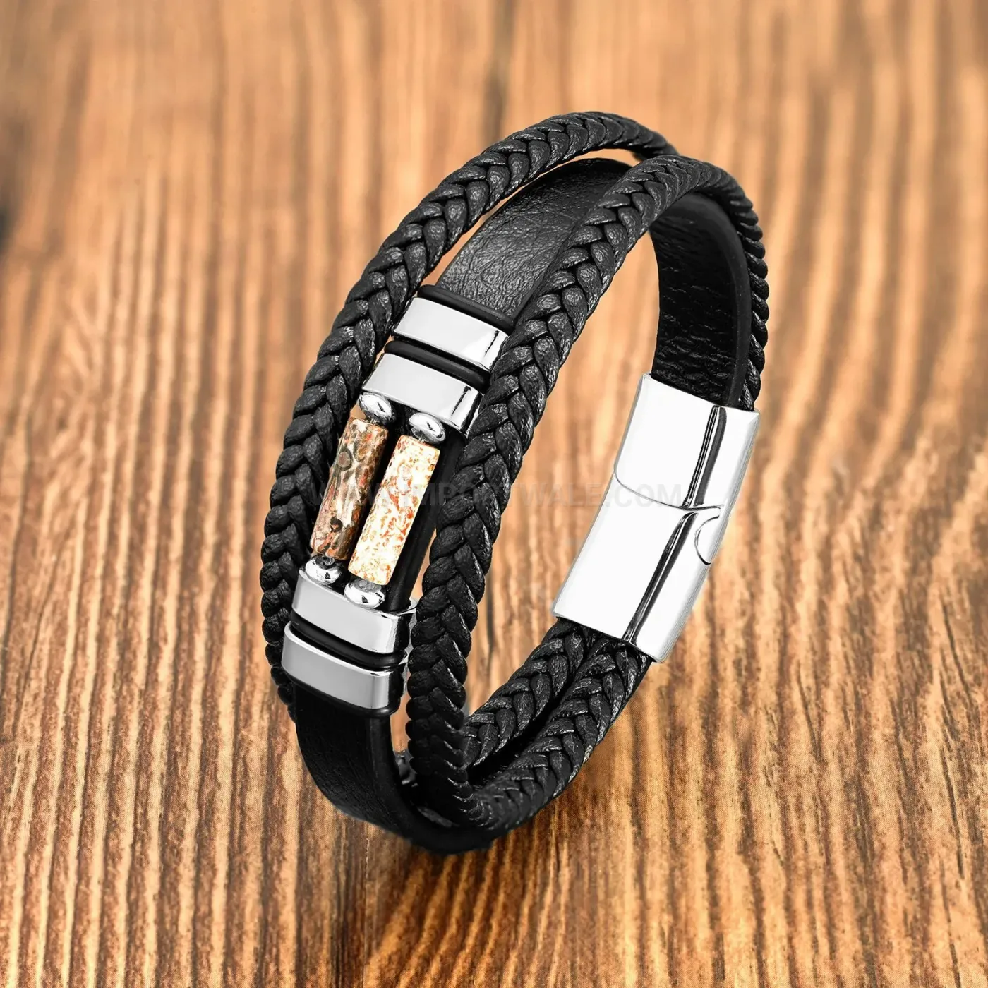 Vintage Braided Leather Stone Bracelet with Geometric Stainless Steel Clasp