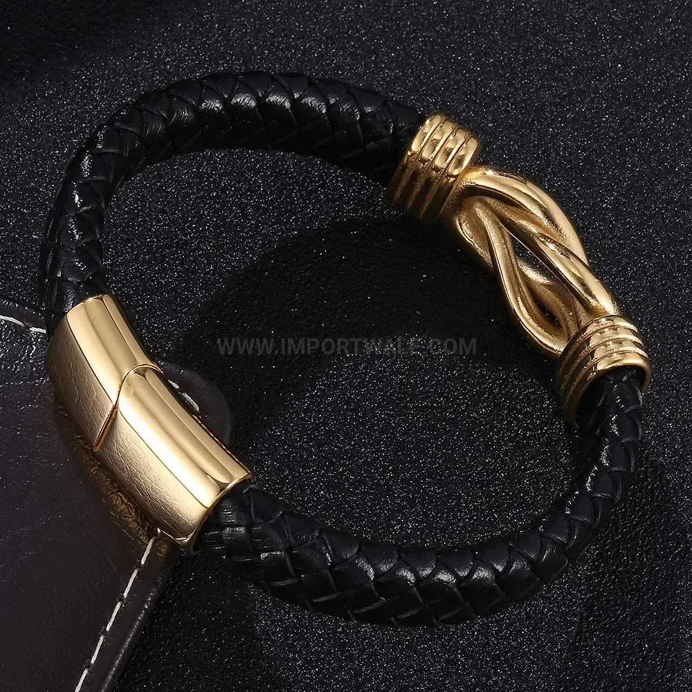 Double-Ring Interlocking Leather Bracelet with Gold-Plated Magnetic Clasp
