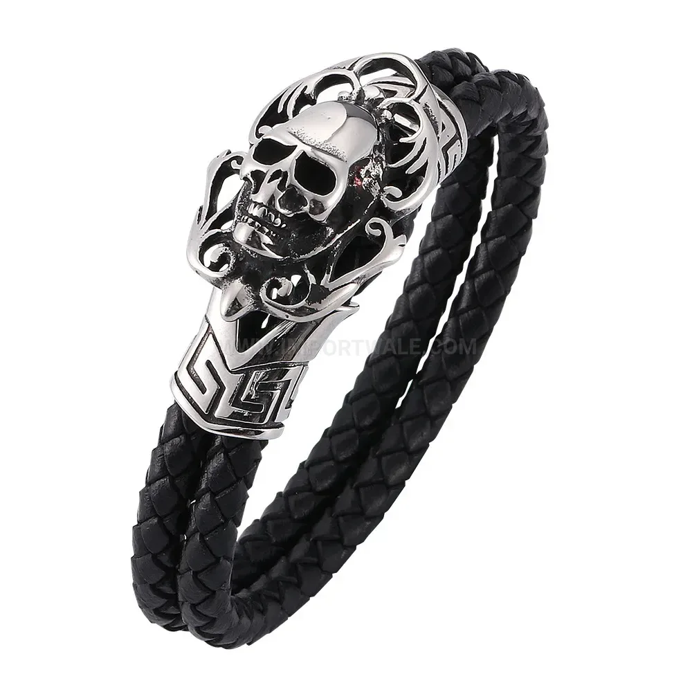 Double Wrap Black Leather Skull Accent Steel Bracelet