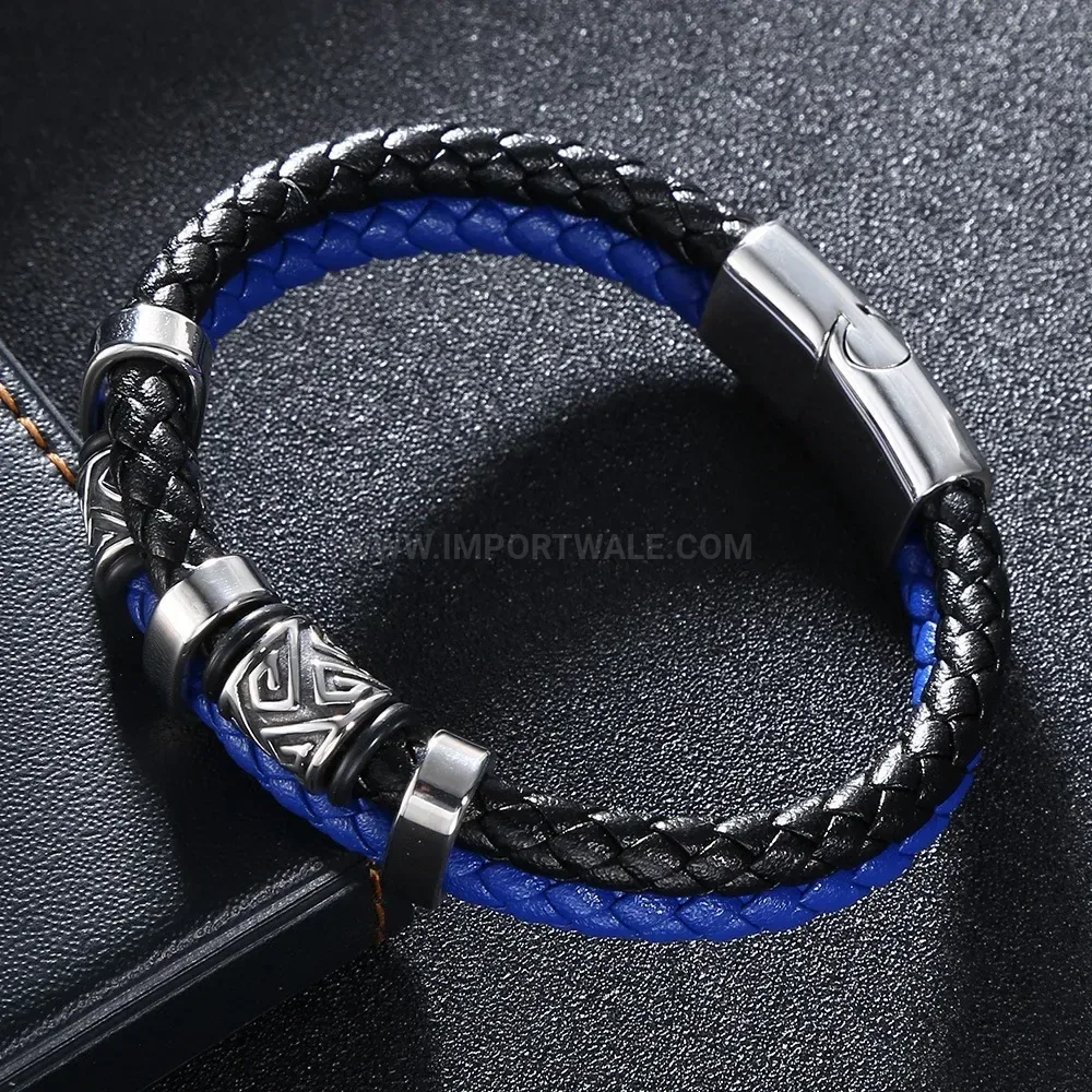 Two-Tone Braided Leather Strap Bracelet with Stainless Steel Details