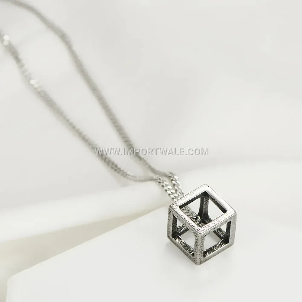 3D Hollow Geometric Cube Stainless Steel Pendant Necklace