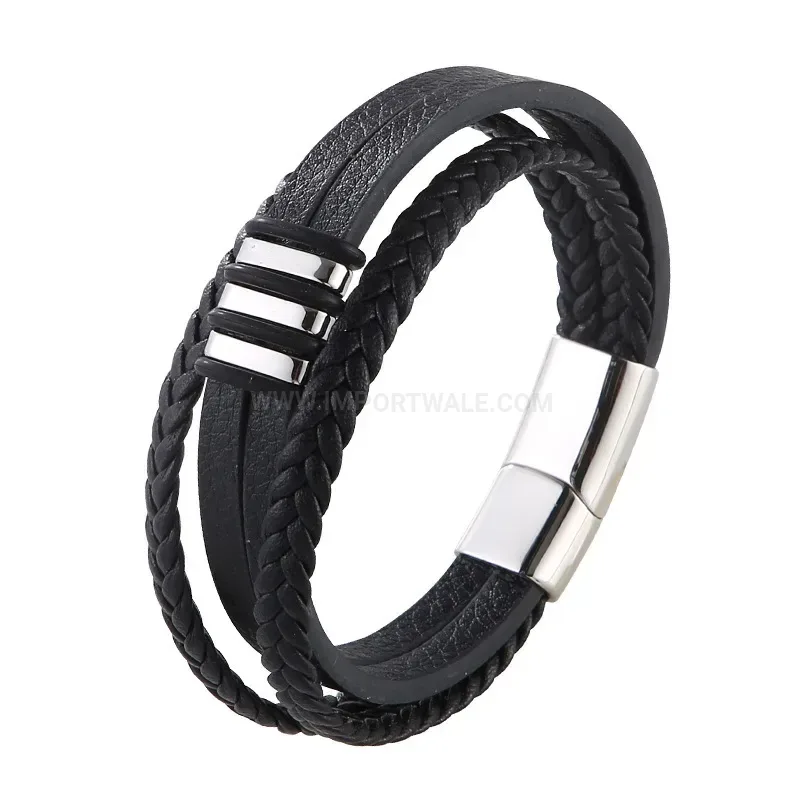 Black Leather Bracelet with Magnetic Stainless Steel Clasp Closure