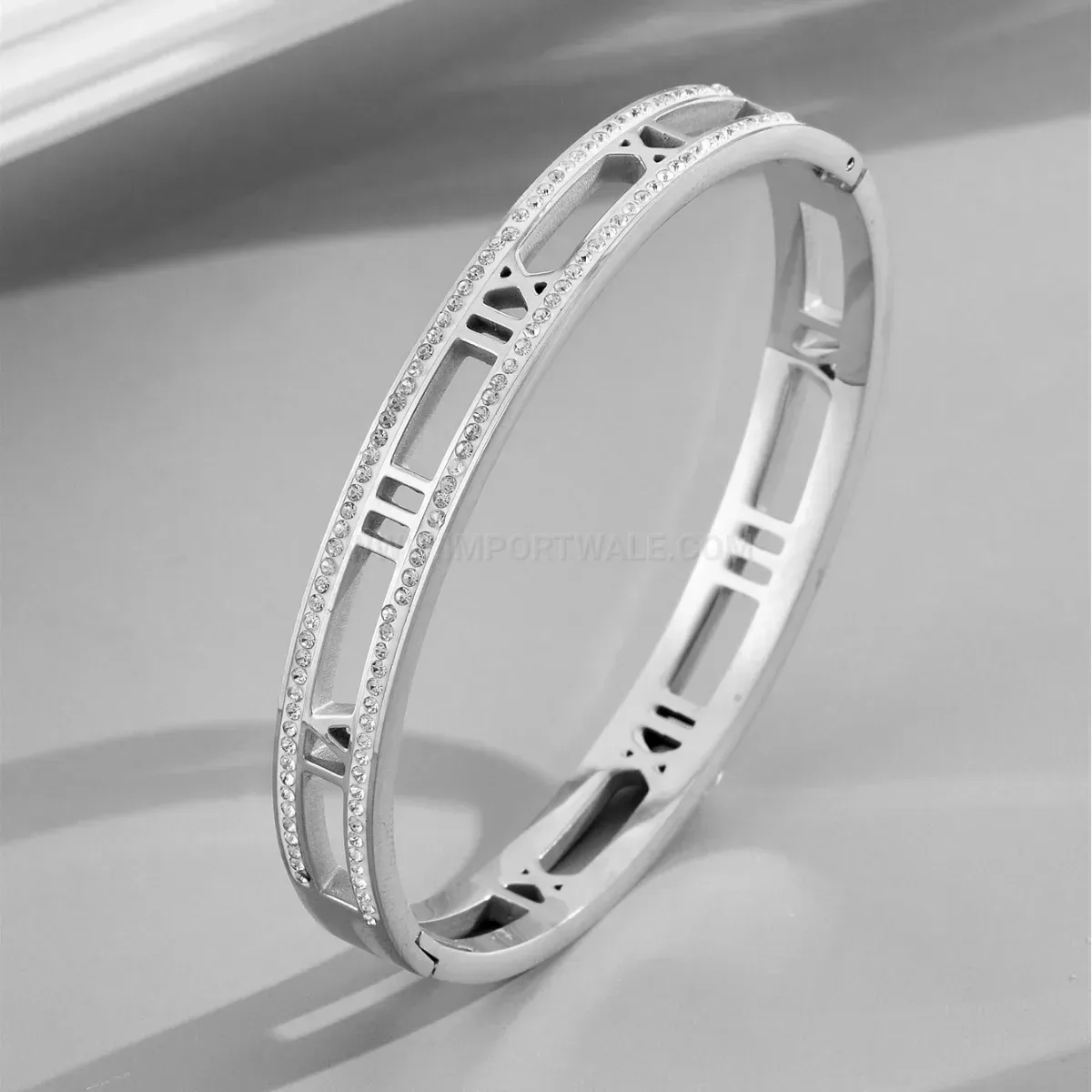 Double-Row Zirconia Hollow Roman Numeral Titanium Steel Bangle Bracelet